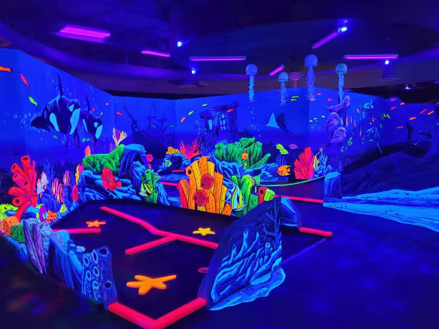 Underwater reef mural with orcas and jellyfish at Imagine 3D Mini Golf Gilbert