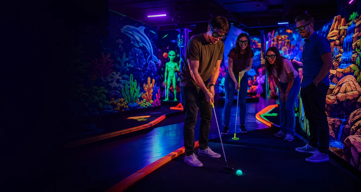 Glowing handcrafted 3D blacklight mini golf scene at Imagine 3D Mini Golf