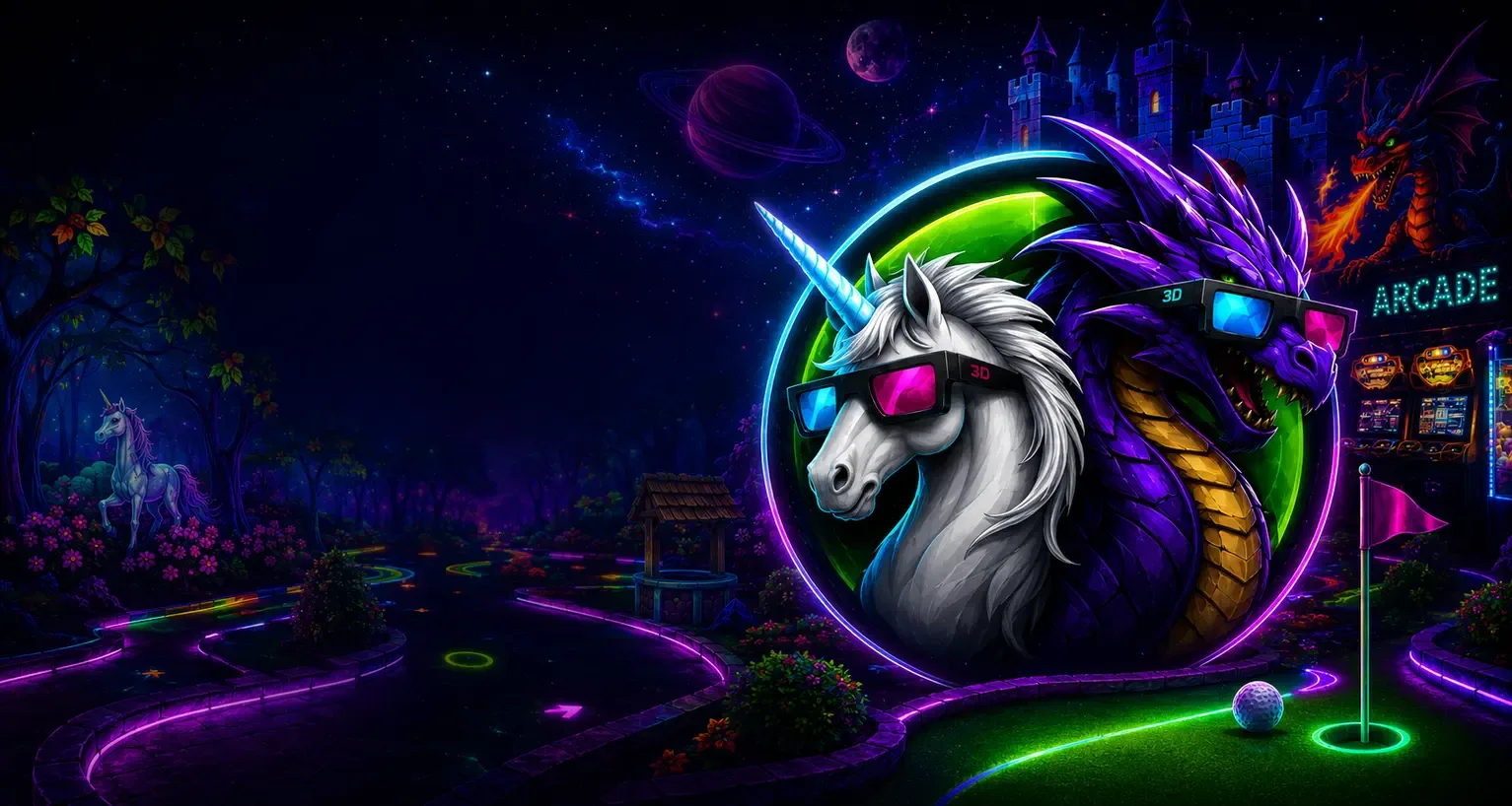 Glowing blacklight mini golf course at Imagine 3D Mini Golf