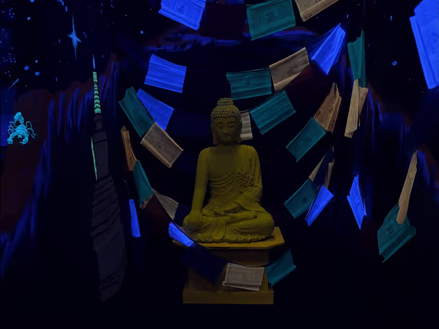 Glowing Buddha statue surrounded by prayer flags