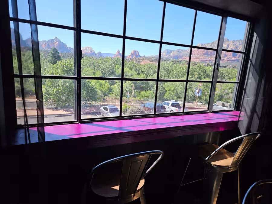 Red rock view from the window seating at Sedona