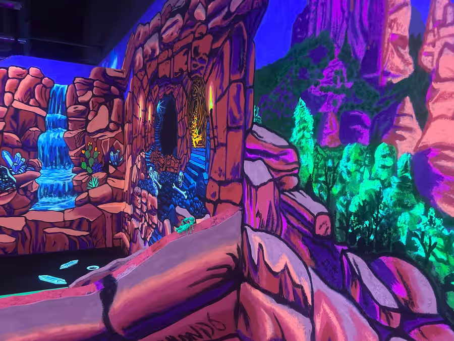 Glowing waterfall and crystal cave mural at Sedona